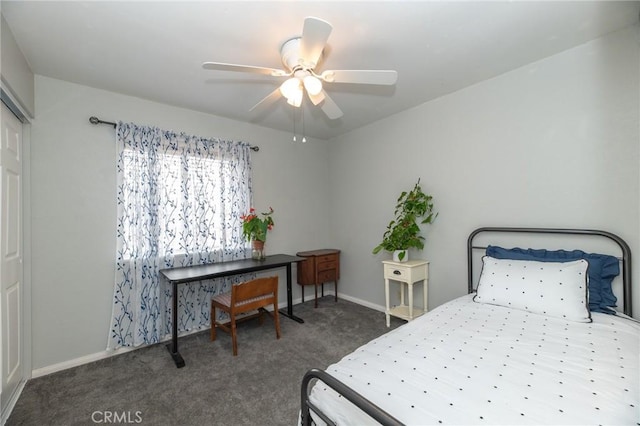 bedroom featuring a ceiling fan, carpet, and baseboards