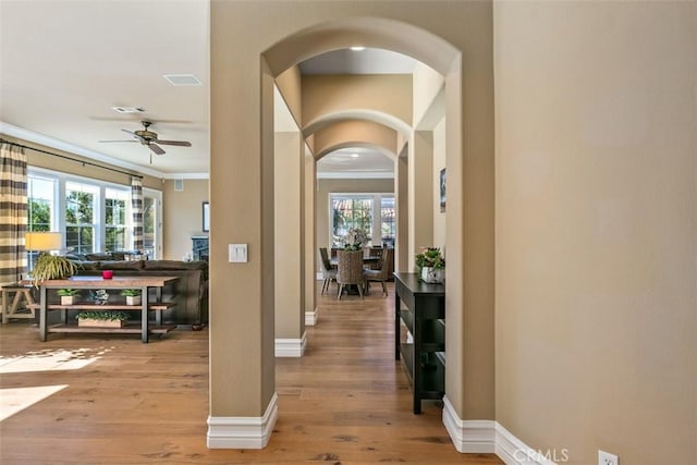 interior space with hardwood / wood-style floors, baseboards, arched walkways, and ornamental molding