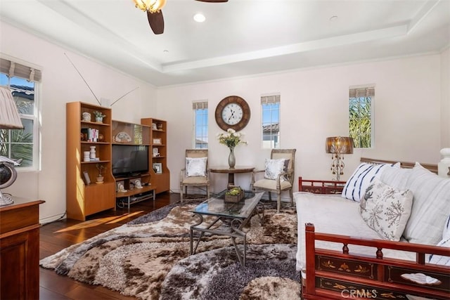 living room featuring hardwood / wood-style floors, a raised ceiling, a wealth of natural light, and ceiling fan