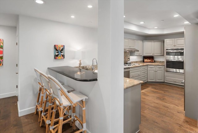 kitchen with under cabinet range hood, dark wood-style floors, recessed lighting, stainless steel appliances, and baseboards