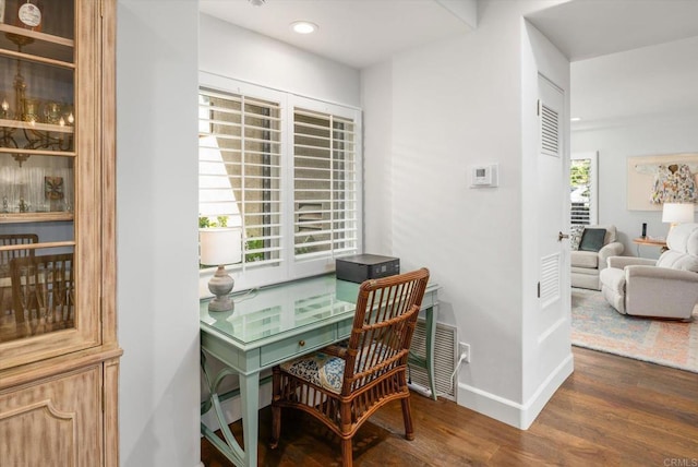 office area with recessed lighting, wood finished floors, and baseboards