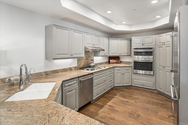 kitchen featuring a sink, under cabinet range hood, a tray ceiling, stainless steel appliances, and dark wood-style flooring