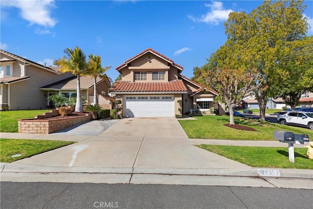 view of front of property featuring stucco siding, concrete driveway, a front lawn, and a tiled roof