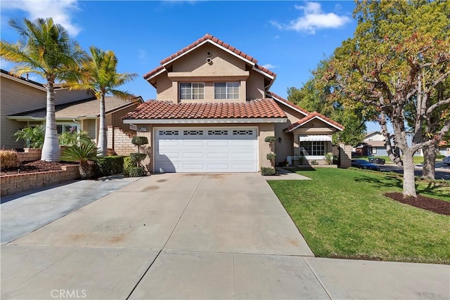 mediterranean / spanish home featuring stucco siding, concrete driveway, a front yard, and a tile roof