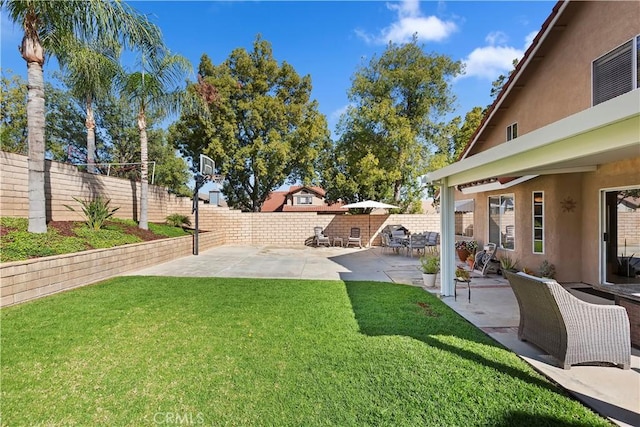 view of yard with a patio area and a fenced backyard