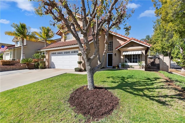 view of front of house with driveway, an attached garage, stucco siding, a front lawn, and a tile roof