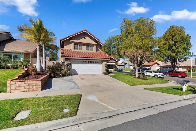 mediterranean / spanish-style home featuring a front lawn, concrete driveway, a tile roof, stucco siding, and a garage