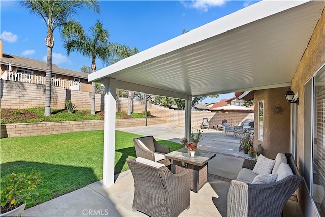 view of patio with a fenced backyard and an outdoor hangout area