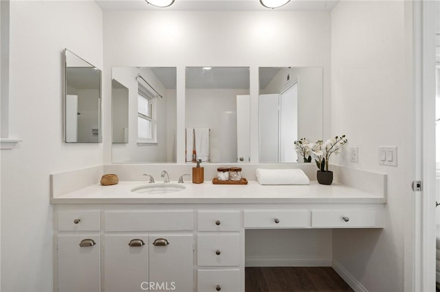 bathroom with wood finished floors and vanity