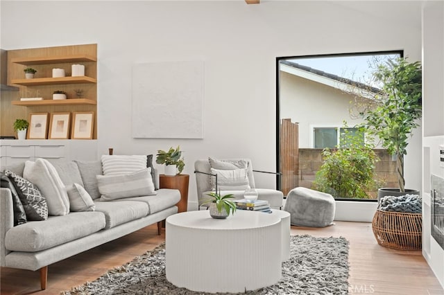 living area featuring lofted ceiling and wood finished floors