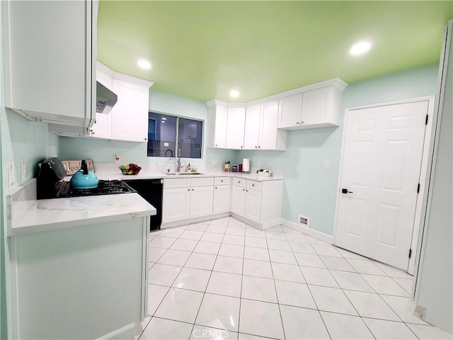 kitchen with black appliances, a sink, recessed lighting, ventilation hood, and white cabinets