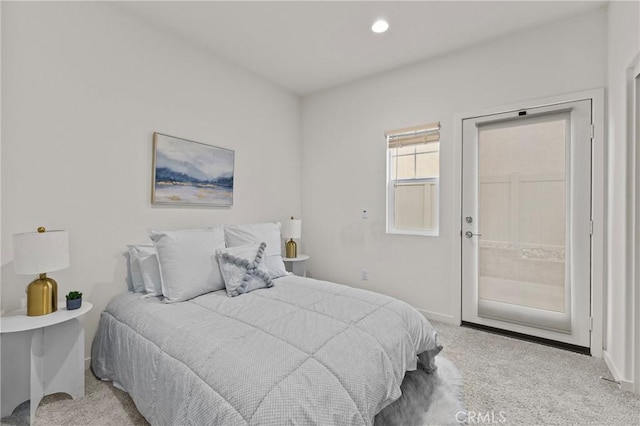 bedroom with access to exterior, carpet flooring, recessed lighting, and baseboards