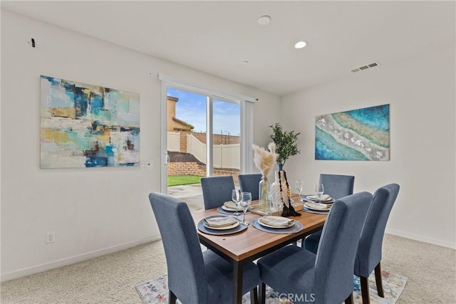 dining area featuring recessed lighting, baseboards, visible vents, and carpet floors