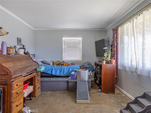 bedroom featuring crown molding, baseboards, and concrete floors