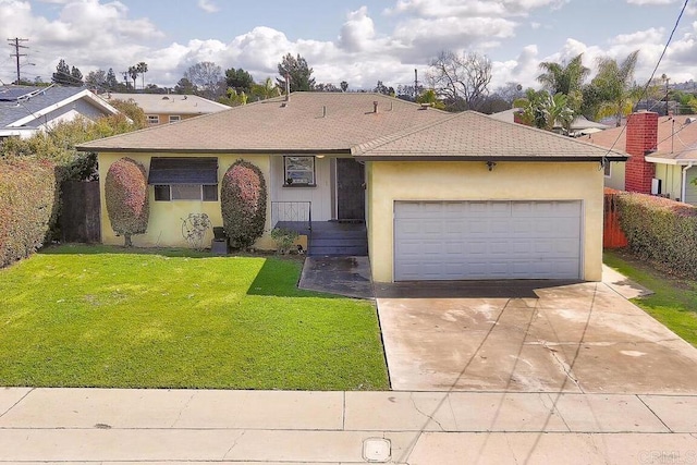 ranch-style home featuring stucco siding, driveway, a front lawn, fence, and an attached garage