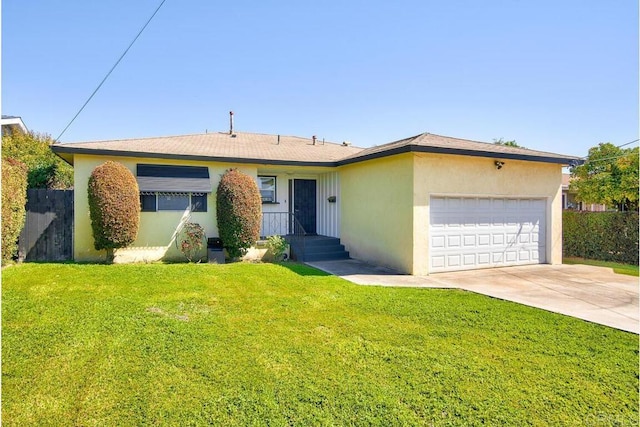 single story home featuring fence, driveway, an attached garage, stucco siding, and a front lawn