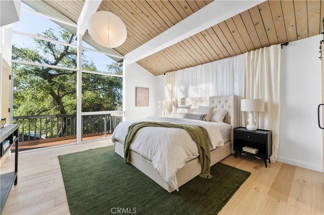 bedroom with floor to ceiling windows, wooden ceiling, vaulted ceiling with beams, and wood finished floors