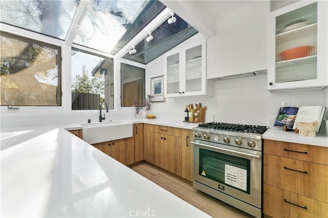 kitchen with light countertops, high end range, light wood-type flooring, and a sink