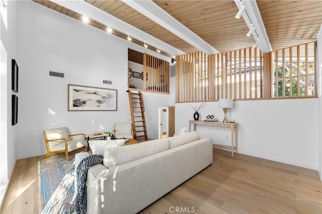 living room with wooden ceiling, wood finished floors, visible vents, and track lighting