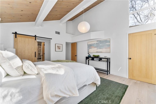 bedroom featuring beamed ceiling, wood ceiling, a barn door, wood finished floors, and high vaulted ceiling