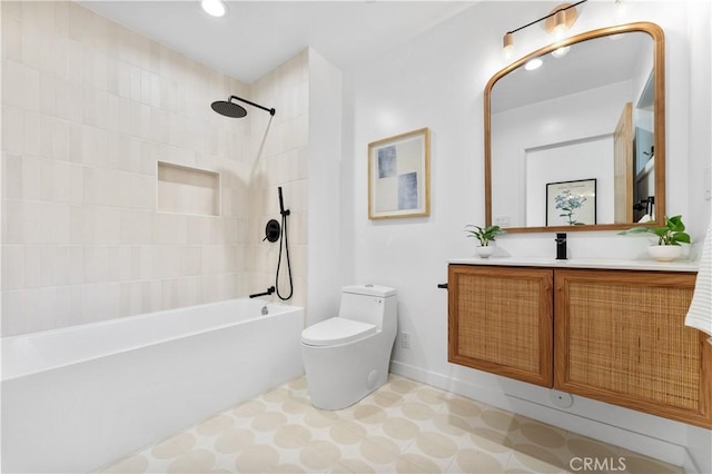 bathroom featuring vanity, baseboards, recessed lighting, shower / washtub combination, and toilet