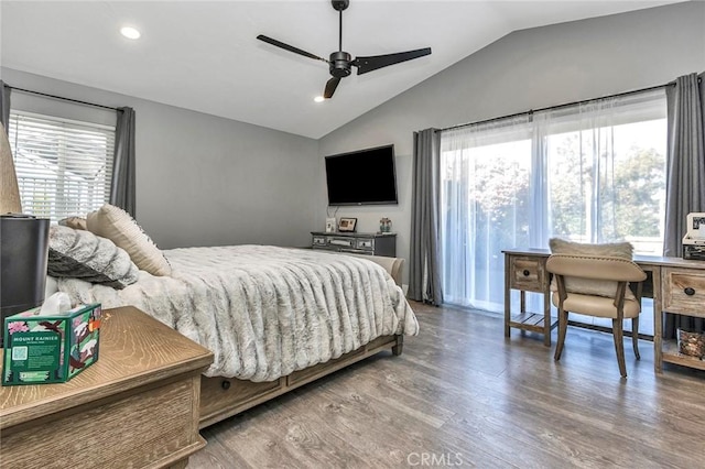 bedroom with recessed lighting, wood finished floors, ceiling fan, and vaulted ceiling