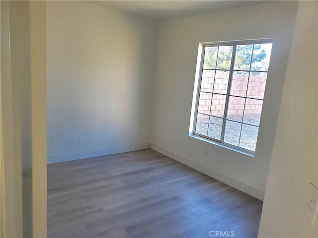 spare room featuring baseboards, plenty of natural light, and wood finished floors