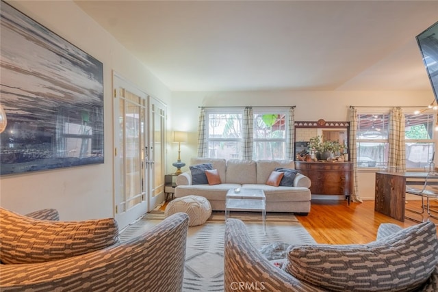 living room featuring wood finished floors and french doors