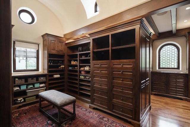 wine cellar with lofted ceiling and wood finished floors