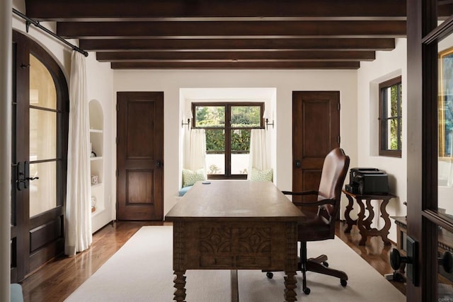 office featuring dark wood finished floors and beamed ceiling