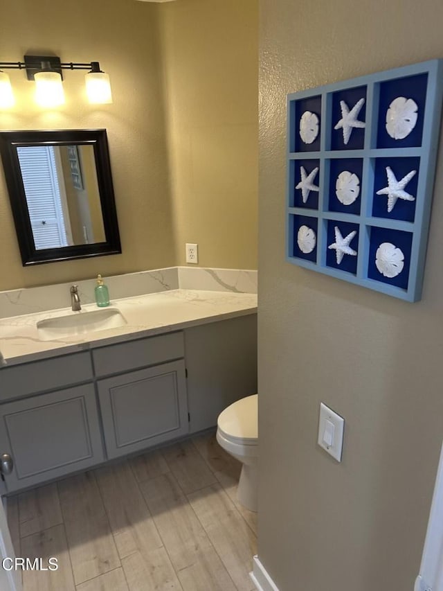 bathroom featuring toilet, vanity, and wood finished floors