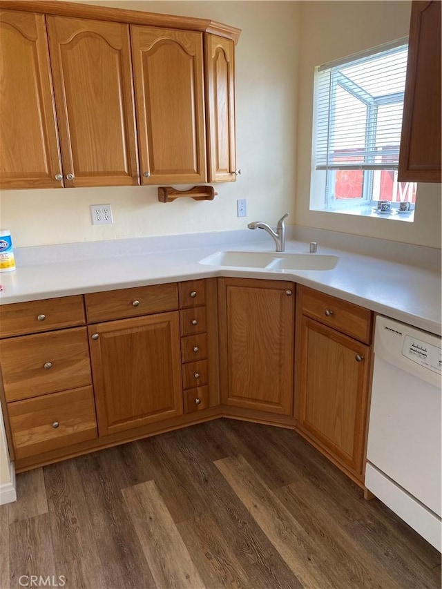 kitchen with dark wood-style floors, dishwasher, light countertops, and a sink