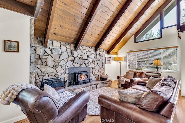 living area with wood finished floors, baseboards, high vaulted ceiling, beam ceiling, and wooden ceiling