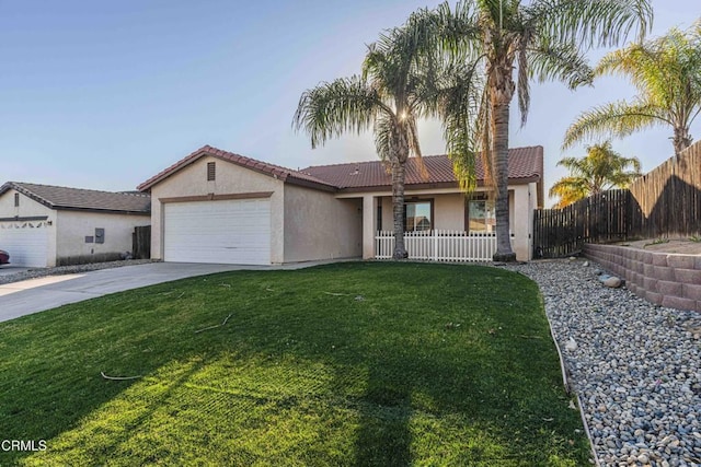 single story home featuring a front lawn, fence, concrete driveway, stucco siding, and a garage