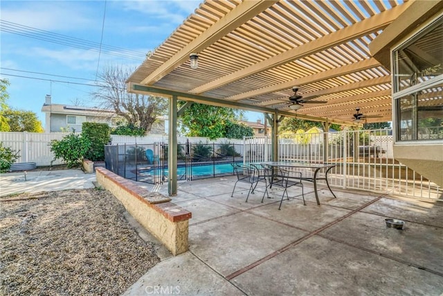 view of patio / terrace featuring a fenced in pool, a pergola, a fenced backyard, and a ceiling fan