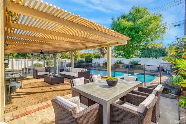 view of patio / terrace featuring an outdoor hangout area, a pergola, outdoor dining area, and a fenced backyard