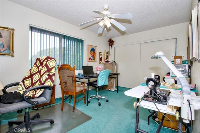 office space featuring a textured ceiling, a ceiling fan, and carpet