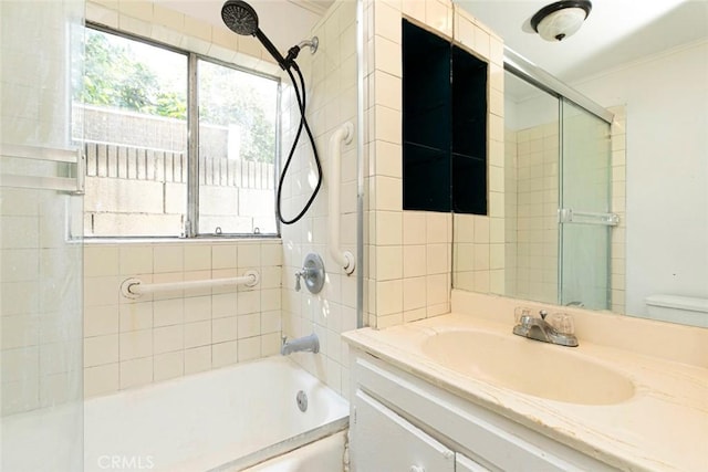 bathroom with vanity,  shower combination, toilet, and ornamental molding