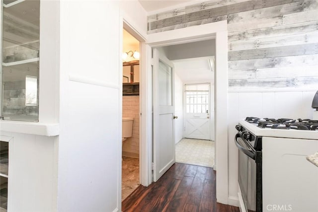 kitchen featuring dark wood-style floors and gas range oven