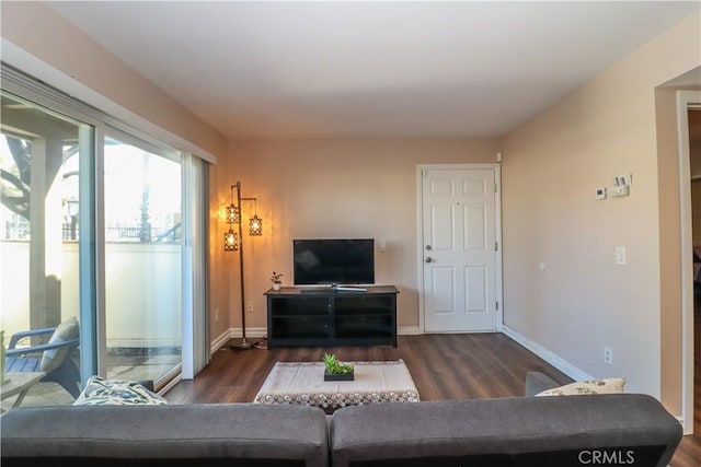 living room with baseboards and wood finished floors