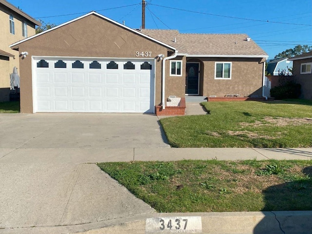 ranch-style house featuring stucco siding, a front lawn, roof with shingles, concrete driveway, and an attached garage