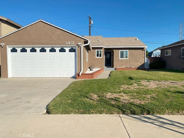 ranch-style house with a shingled roof, stucco siding, a front lawn, concrete driveway, and a garage