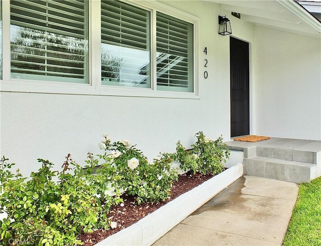 doorway to property with stucco siding