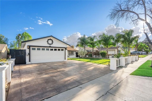 single story home featuring a front yard, fence, driveway, stucco siding, and a garage