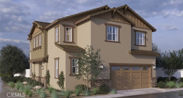 view of property exterior with stone siding, board and batten siding, and a garage