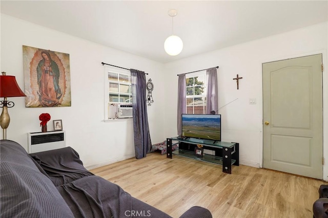 living area with heating unit and light wood-type flooring