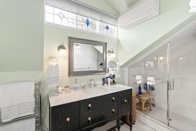 full bathroom with a wall mounted air conditioner, lofted ceiling, vanity, and a shower stall