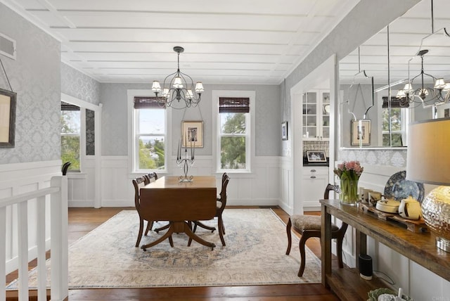 dining room with wallpapered walls, a notable chandelier, wood finished floors, and wainscoting