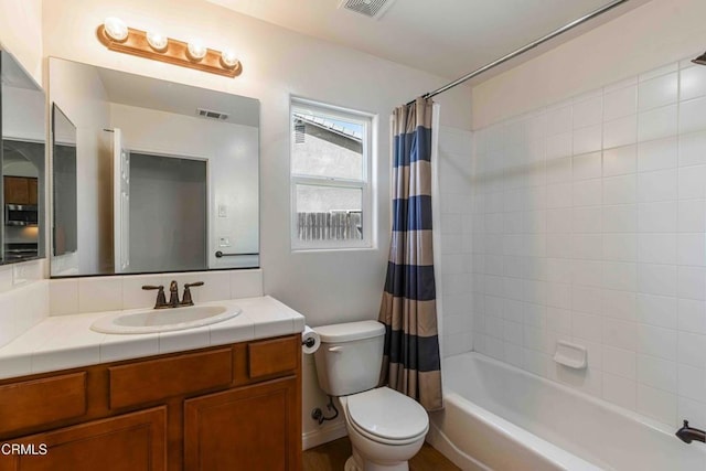 full bath featuring visible vents, toilet, vanity, and shower / bathtub combination with curtain