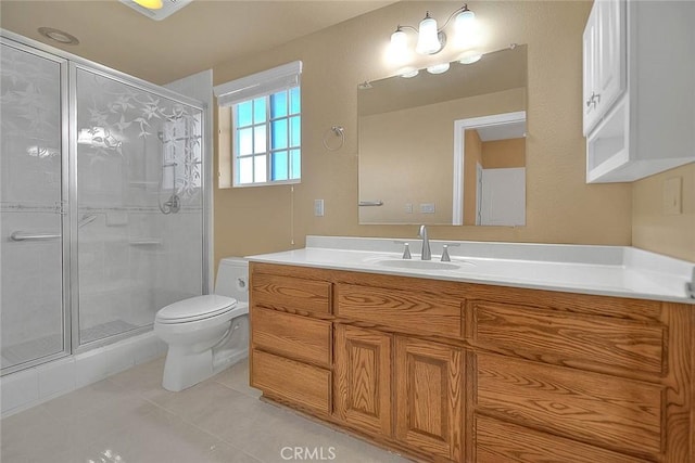 full bath featuring vanity, a shower stall, toilet, and tile patterned floors